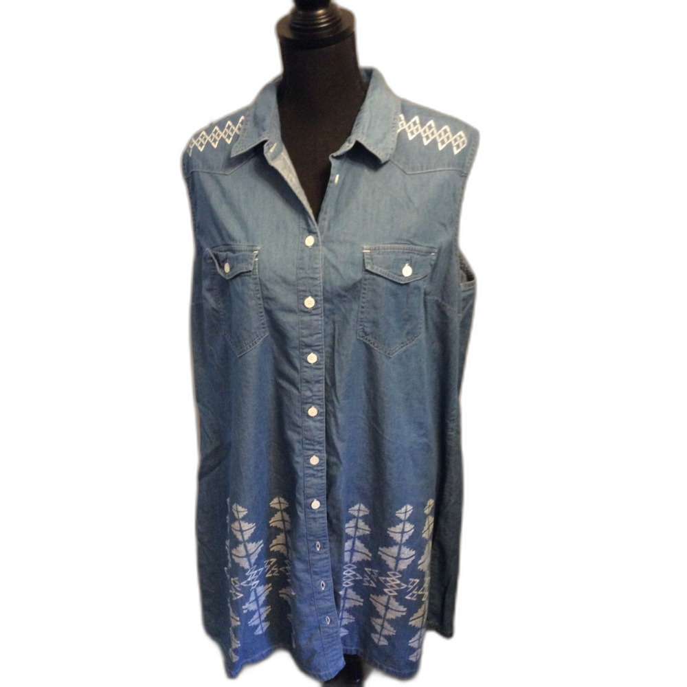 Western Bit & Bridle Denim Plus Sleeveless Dress 1X chambray Collared button Up